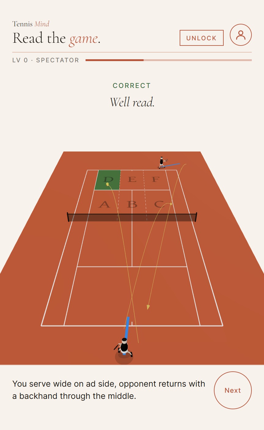 Tennis Mind app showing a correct read